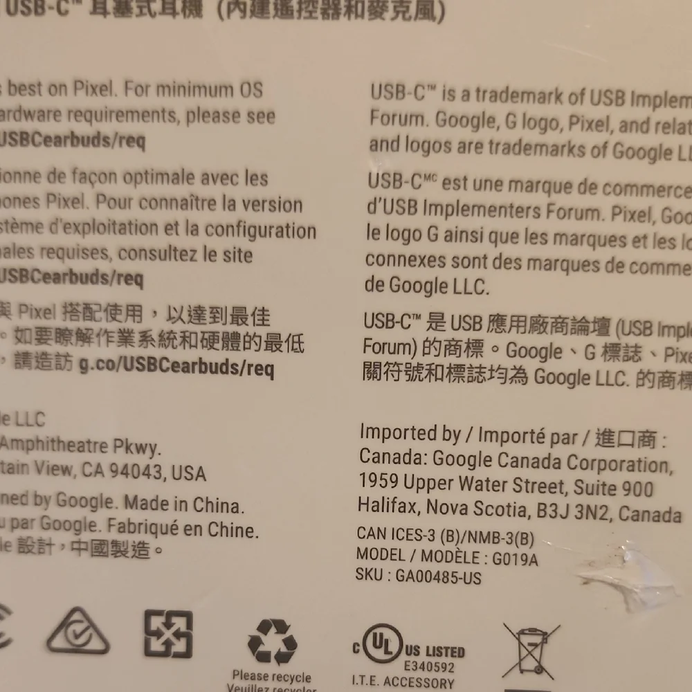 Google Pixel USB-C Earbuds in White